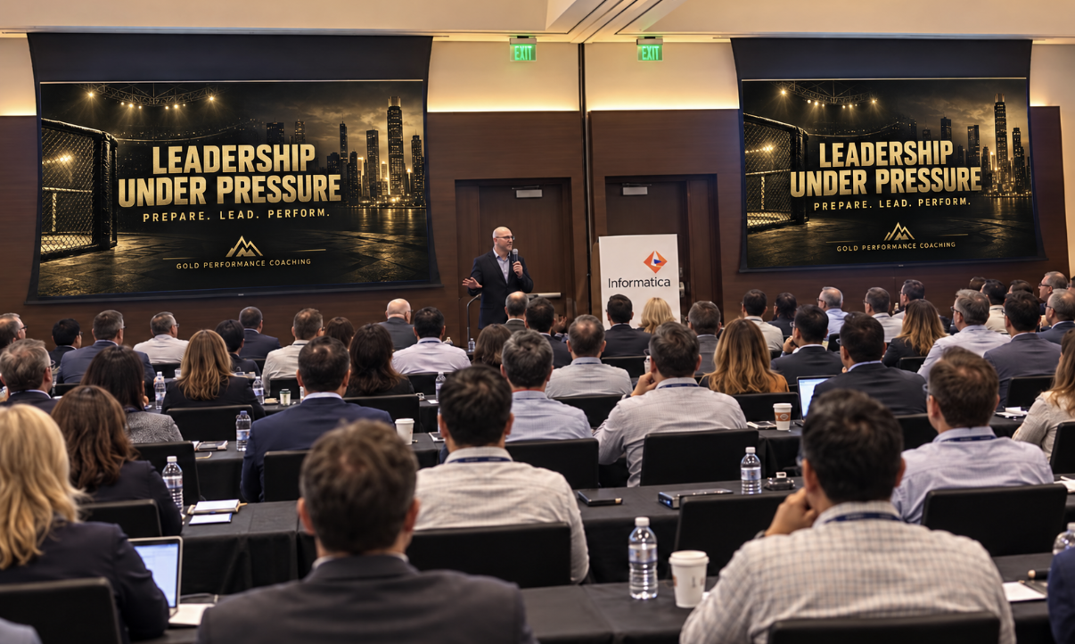 Dave Hirschbein speaking on stage at a leadership event